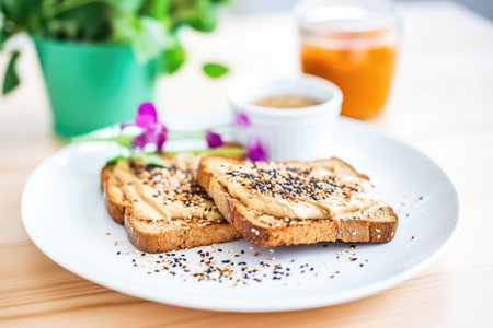 toast with almond butter and a sprinkle of chia seeds on a ceramic dishの素材