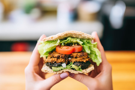 hand holding black bean burger with lettuce and tomatoの素材