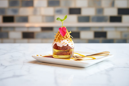 serving brownie sundae with golden spoon on marble countertopの素材
