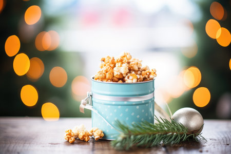caramel popcorn in a tin can as a holiday giftの素材
