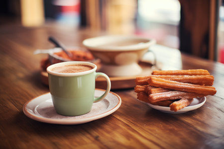 churros and hot coffee on a rustic wood tableの素材