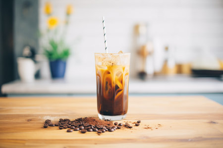 glass of cold brew coffee with chocolate syrup drizzleの素材