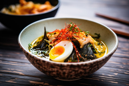 spicy curry ramen bowl with boiled egg and nori sheetsの素材