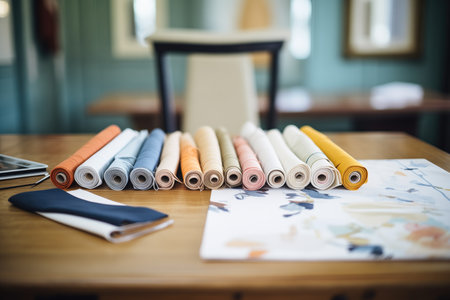 rolled fabric swatches on a tailors worktableの素材