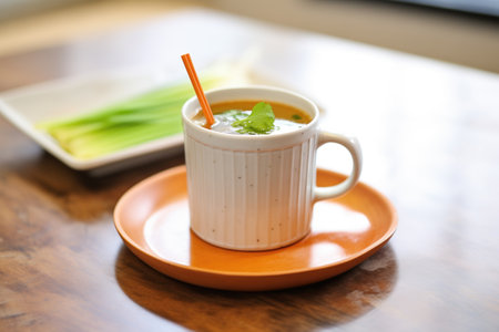 handled cup of detox tomato soup, celery stick on the sideの素材