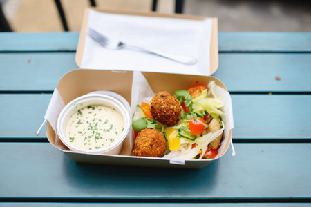 falafel in a compact box with tahini for takeawayの素材