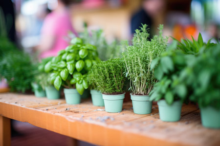 rows of potted herbs on a market tableの素材