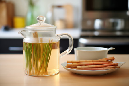 lemongrass stalks in clear teapot with ready brewの素材