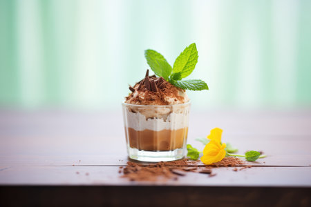 chocolate mousse with mint leaf topping in a glass cupの素材