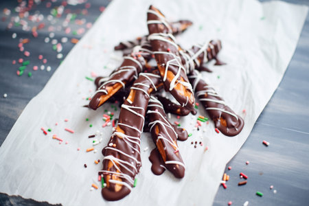 chocolate-covered pretzels on parchmentの素材