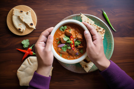 hands naan dipping into a rogan josh bowlの素材