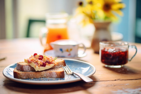 sourdough bread with jam and coffee for breakfastの素材
