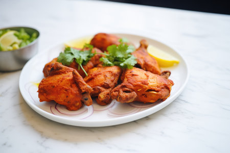 uncooked tandoori chicken thighs on a white plateの素材