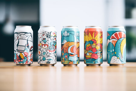 several cans with colorful mockup designs, white canvasの素材
