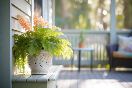 sunlit porch with potted ferns and flowersの素材