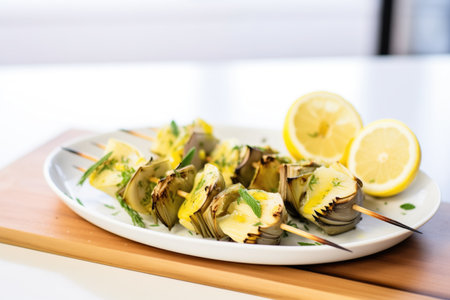 grilled artichoke hearts on a skewer with lemon slicesの素材