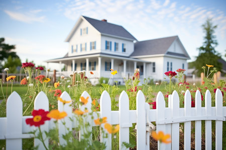white farmhouse with picket fence and flower gardenの素材