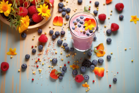 berry smoothie glass surrounded by scattered berriesの素材
