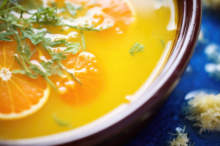 close-up of a vibrant orange soup with a creamy textureの素材