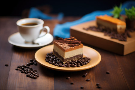 espresso cheesecake slice with coffee beans on sideの素材