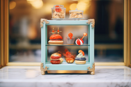 pastries displayed in a glass caseの素材