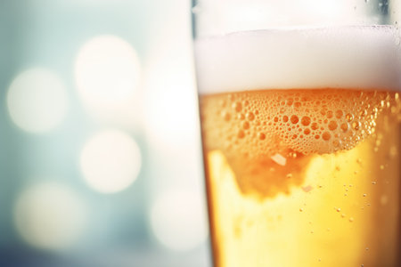 macro shot of bubbles rising in a glass of craft beerの素材