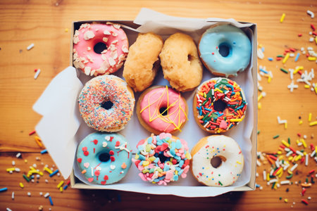 assortment of donuts in a bakery boxの素材