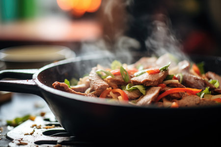 close-up of sizzling fajitas with steam rising from skilletの素材