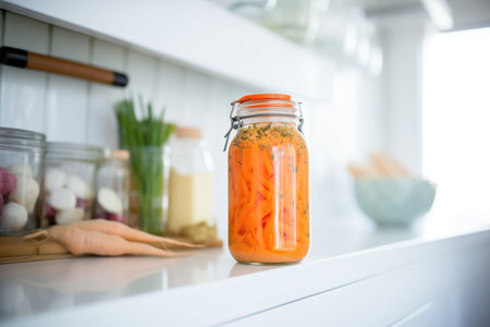 a jar of carrot and ginger ferment in a refrigerator door shelfの素材