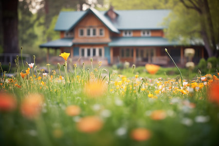 forest lodge surrounded by spring wildflowersの素材