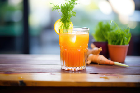 carrot juice in glass, whole carrots alongsideの素材
