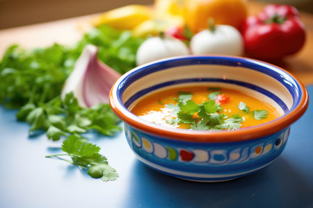 gazpacho in a vibrant ceramic bowl, brightly litの素材