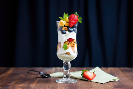 greek yogurt parfait assembled in a tall wine glass for an elegant dessertの素材