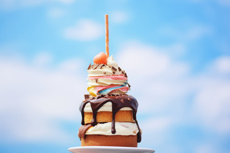 cone with multiple chocolate layers against skyの素材
