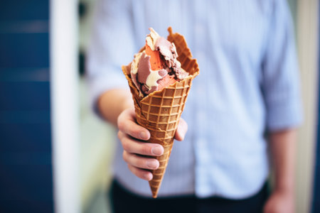 scoops of chocolate ice cream in a waffle cone held in handの素材