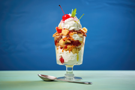 ice cream sundae with cherry topping and whipped creamの素材