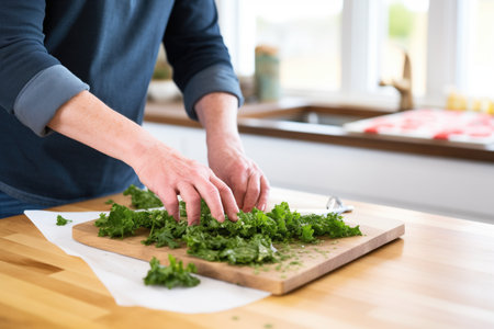 person preparing kale chips on a boardの素材