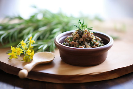 rustic olive tapenade in a clay dish with a wood spreaderの素材