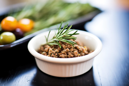 gourmet olive tapenade in a dish with a sprig of rosemaryの素材