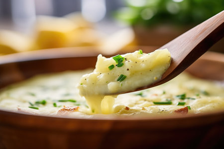 close-up of creamy potato leek soup texture with spoon lifting a servingの素材