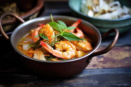 prawn curry in a copper bowl with a side of picklesの素材