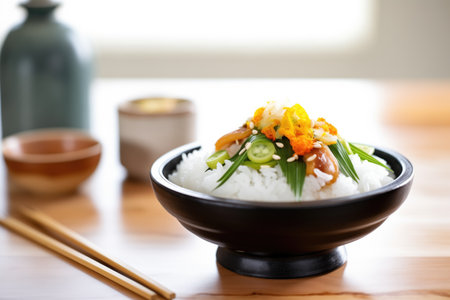 tsukemono garnish on top of steaming bowl of white riceの素材