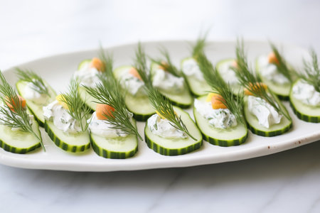 tzatziki-filled cucumber boats on a white platterの素材