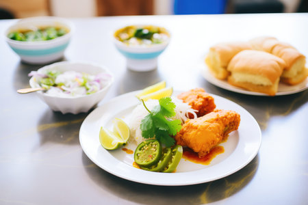 fresh vada pav on a white plate, green chili on sideの素材