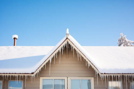 snowcovered aframe roof with extended icicle formationsの素材