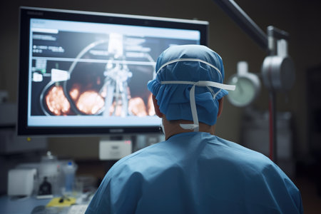 surgeon viewing endoscopic footage during operationの素材