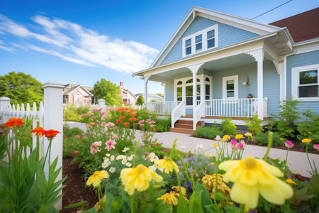 flower garden in front of a cape cod houseの素材