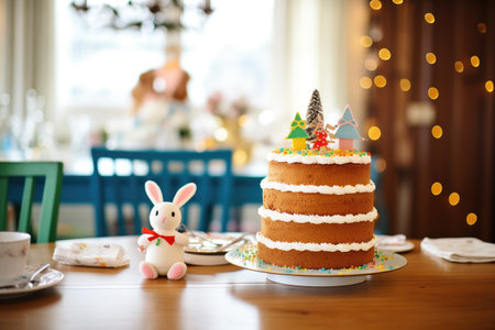 carrot cake with bunny cake topper on a festive tableの素材