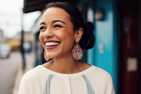 customer smiling while wearing new statement earringsの素材