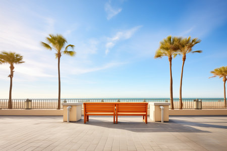 oceanfront promenade with palm trees and benchesの素材